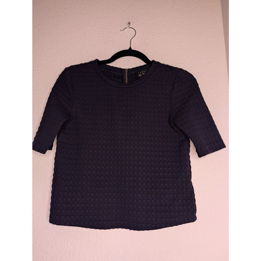 Theory Hesha Waffle Textured Knit Top Navy Shortsleeve P Chic Boho Professional